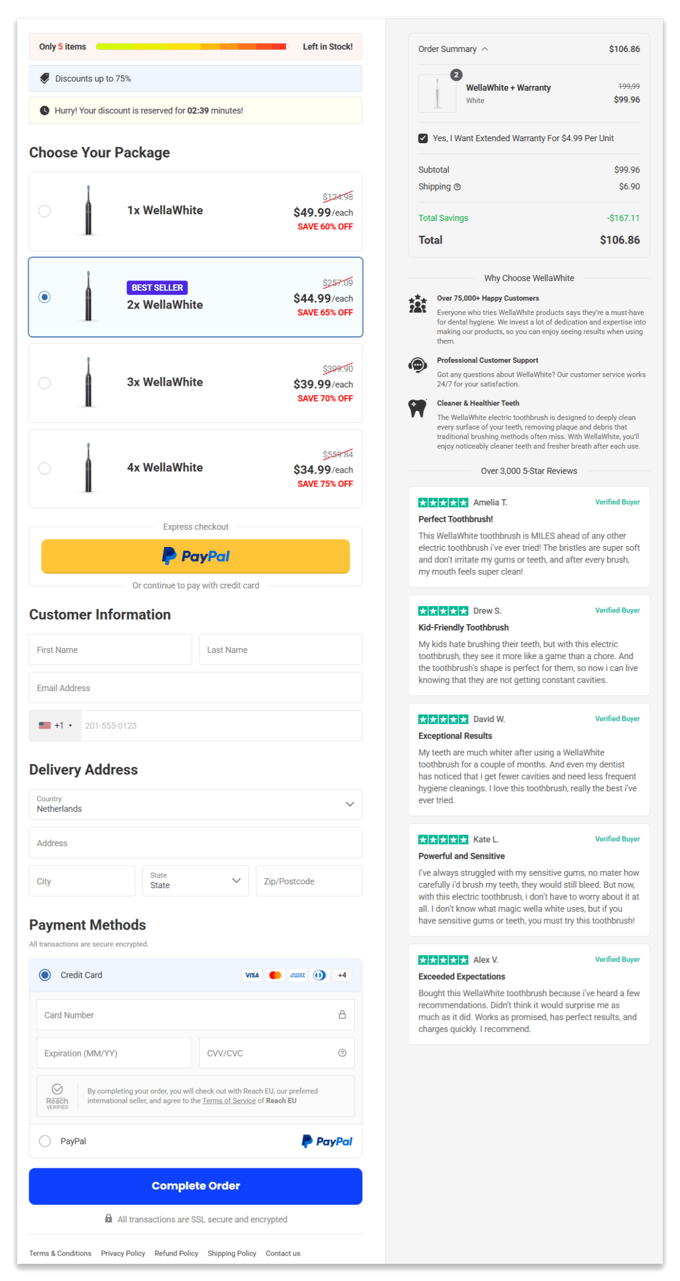 WellaWhite Electric Toothbrush secure checkout page